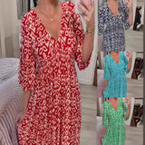 Fongt New Plus-Size Loose Long Beach Vacation Beach Dress V-Neck Floral Dress-Outfit