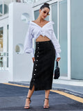 Side Slit Buttoned Denim Midi Skir-Outfit