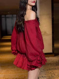 Fongt Temperament Beauty Dress 2025 Autumn And Winter New One-Word Shoulder Strap Splicing Lotus Leaf Side Flower Dress Dress Woman