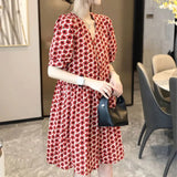 Lady Flowers Printed Elegant V-Neck Casual Dresses Women's Stylish Puff Sleeve Single-breasted Summer A-Line Midi Dress-Outfit