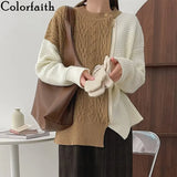 New 2021 Autumn Winter Women Sweaters Color Blocking Pullovers Zipper Knitted Korean Fashion Oversized Tops
