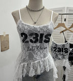 Real Shooting Lace Sling Vest Irregular Ribbon Hot Wear Print Short-Sleeved Top