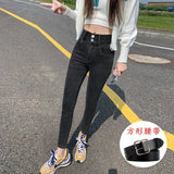 Fongt Female Autumn 2024 New Korean Version Slim Show Thin High Waist Two Buckle Elastic Small Feet Pencil Pants Tide-Outfit