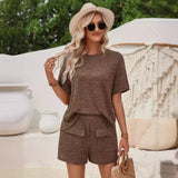 Fongt Hot Selling Women's Wear 2024 Casual Wind Loose Round Collar Solid Color Short-Sleeved Top Shorts Suit-Outfit