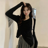 Slim Tees Women Long Sleeve T-shirts Asymmetrical Collar Design Tops Korean Style Solid Skinny Chic Teens Clothes-Outfit