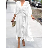 Fongt New Women's Solid Color With Long Skirt Bat Sleeve Irregular Dress