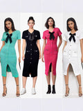 Fongt Small Fragrant Temperament V-Neck Bow Bow With Beads Button Opening Knitted Dress