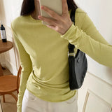 Color Long-Sleeved T-Shirt Women's Spring And Autumn 2024 New Slim And Thin Bottomed Shirt With Round Collar And Thin Folded