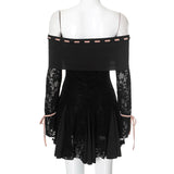Black Off-Shoulder Lace Sleeve Mini Dress-Outfit