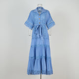 Fongt And Autumn New Court Style Small Retro Hollow High-End Lace To Receive Short-Sleeved Collar Long Dress