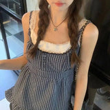 Summer Women's Wear Ins Online Celebrity Street Hot Girls New Plaid Fake Two Lace Folded Vests-Outfit