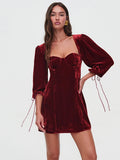 Velvet Square Neck Puff Long Sleeve Mini Dress-Outfit