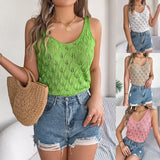 Shooting Summer New Solid Color V-Neck Hollow Leaves Sleeveless Knitted Shirt Holiday Vest Women's