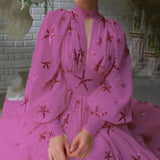 Fongt New Multi-Colored Half-High Collar Glide Open Lantern Sleeve Sleeve Chiffon Dress Chiffon