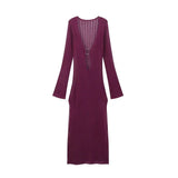 Fongt Women's Explosive Long-Sleeved Knitted Hollow V-Neck Dress