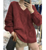 Basic Oversize Cotton Thick Sweater Autumn Loose Cashmere Sweater Elegant Long Sleeve V-neck Warm Pullovers Female