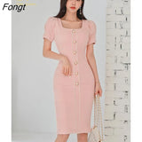 Han Queen Elegant Office Pencil Dress Women Summer Sheath Dresses Simple Single-breasted Knee-Length Party Bodycon