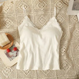 Fashion Korean Version Women's Crop Top Solid Color Lace Stitching V Neck With Chest Pad Sleeveless Tank Tops-Outfit