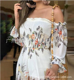 New Women's Wear E-Commerce Wish Plant Print Shoulder Dress-Outfit