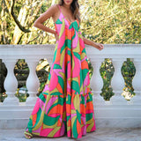Fongt Summer New Commuting Style French Dress Deep V-Neck Bare Back Sling Print