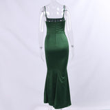 Green Satin Strappy Corset Maxi Dress-Outfit