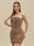 Fongt Fashion Fall 2024 New Multi-Bag Stitching Sexy Strapless Wrap Hip Short Denim Dress-Outfit