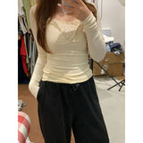 Lace Trim Coquette Long Sleeve Patchwork Tee-Outfit