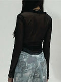 Dark Mall Gothic Mesh Hollow Out Sexy Blouses Cyber Y2k Black Long Sleeve Punk T-shirts Transprent Ruched Women Crop