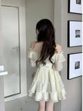 Summer Long Sleeve Elegant Mini Dress Lolita Pure Color Short Party Dress Woman Casual Sweet One Piece Dress Korean Fashion 1028-1-Outfit