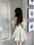 Summer Long Sleeve Elegant Mini Dress Lolita Pure Color Short Party Dress Woman Casual Sweet One Piece Dress Korean Fashion 1028-0-Outfit
