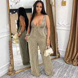 Fongt Women's Jeans Women's New Solid Color Bare Back Sleeveless Loose Jumpsuit
