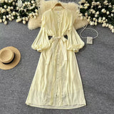Fongt And Autumn New French Retro Hollow Hook Lace Spliced Lantern Sleeve Dress Strapped Waist Temperament Dress