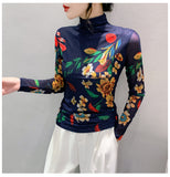 Autumn Winter Women's Long Sleeve Turtleneck T-shirts Lady Positioning Printing Flowers TShirt FF0837-Outfit