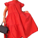 Neck Ruffled Short Sleeve Large Hem A Line Midi