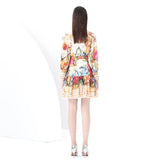 Fongt Niche Collar Single Buckle Waist Lantern Sleeve Print Pressure Folding Leaves Side Thin Chiffon Dress