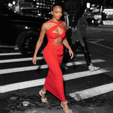 Red Dresses For Women Sexy Backless 3D Flowers Design Sleeveless Draped Long Dress Party Evening Vestidos-Outfit