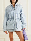 Fongt 2024 New Fashion Multi-Pocket Design Sense Waist Show Thin Long Work Style Denim Coat Female-Outfit