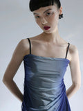 Gradient Blue Patchwork Strap Dress Spring New Ruched Backless A-line Vestidos Sexy Hot Slim Fit Long Robe Mesh Y2k-Outfit