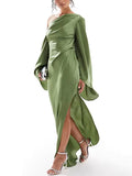 Fongt Women's Oblique Shoulder Dress Solidly Exposed Shoulder Repair Fork Horn Sleeve 8089