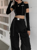Dark E-girl Style Patchwork Black T-shirts Gothic Open Shoulder Sleeve Y2k Crop Tops Ruffles Hem Hip Hop Techwear Women