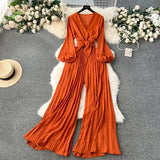 Sleeve Jumpsuit Spring Style V-Tie Waist Long Style Pleated Wide-Leg Trousers-Outfit