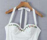 White Halter Embroidery Solid Mini Dress-Outfit