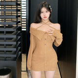 Shoulder Slim Sexy Knitted Long Sleeves Dress Spring Women's Bodycon Dress Retro Solid Colour Turndown Collar-Outfit