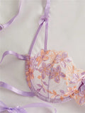 Ribbon Tie Up Embroidery Flower Half Cup Lingerie Set-Outfit