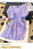 Summer Women's Purple Short Bubble Sleeve Round Neck Elegant Dresses Spring Casual Loose Mini Dresses Ladies