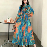 Fongt Retro Elegant Dress Women's Summer New Sweet Wooden Ear Splicing Long Sleeves Waist-Print Dress