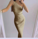 Slanting Shoulder Solid Color Knitted Dress Ins Xia Xian Slim Body Including Hip Middle Skirt Sleeveless Summer-Outfit