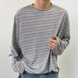 Fongt Men's Autumn New Lazy Ins Literature And Art Simple Loose Haired Round-Neck Striped Long-Sleeved T-Shirt Popular Temperament