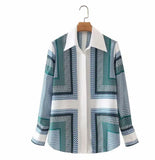 Ebay Spring And Autumn New Lapel Long Sleeve Cardigan Geometric Positioning Print Shirt Women's Style-Outfit