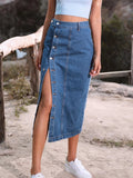 Side Slit Buttoned Denim Midi Skir-Outfit
